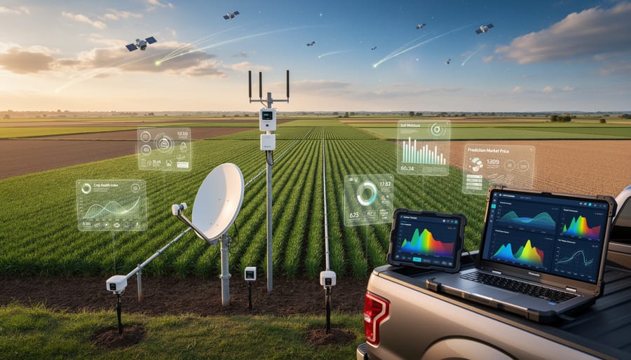 Aerial view of weather monitoring equipment in agricultural field with geometric crop patterns