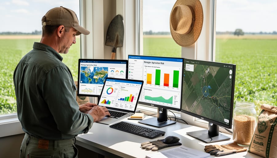 Farmer holding smartphone in field with crops visible in background