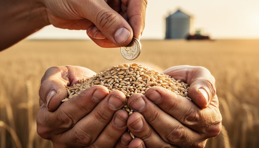 Close-up of farmer’s hands holding wheat kernels while another hand places a coin, with a sunlit wheat field, distant grain silo, and tractor softly blurred in the background.