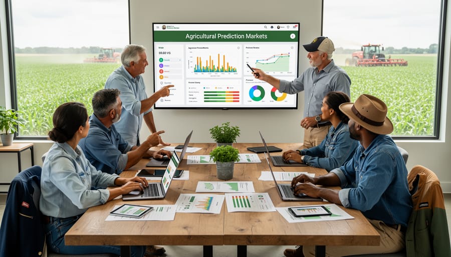 Group of farmers collaborating around laptop computer in barn setting