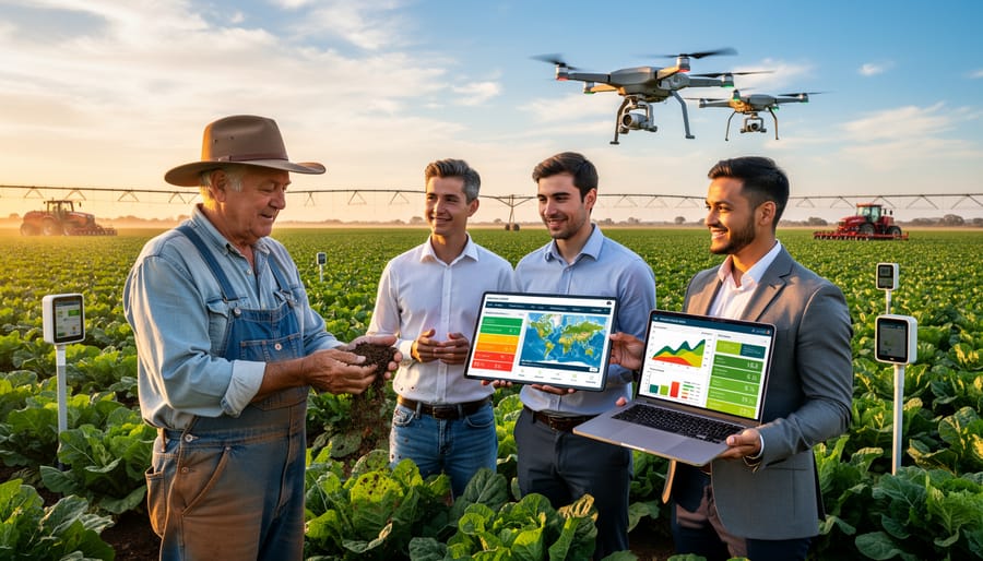 Young farmer standing confidently in green crop field during sunset